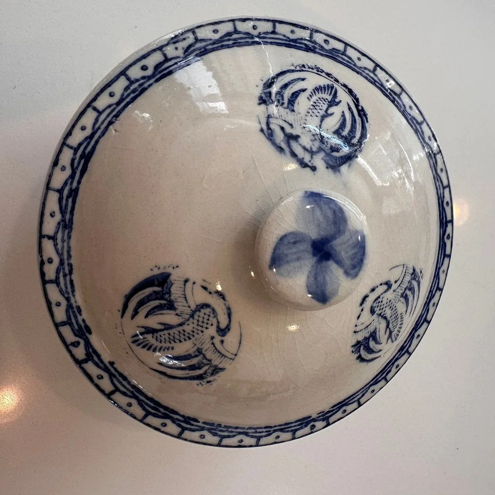 Vintage Crane Design Chinese Porcelain Serving Rice Bowl w/ Lid Blue White